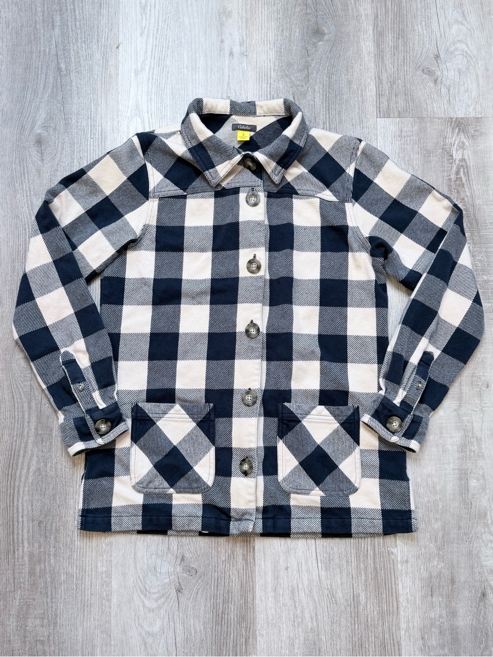 Cabela's Buffalo Plaid 100% Cotton Flannel Shirt Jacket Shacket Navy Cream L